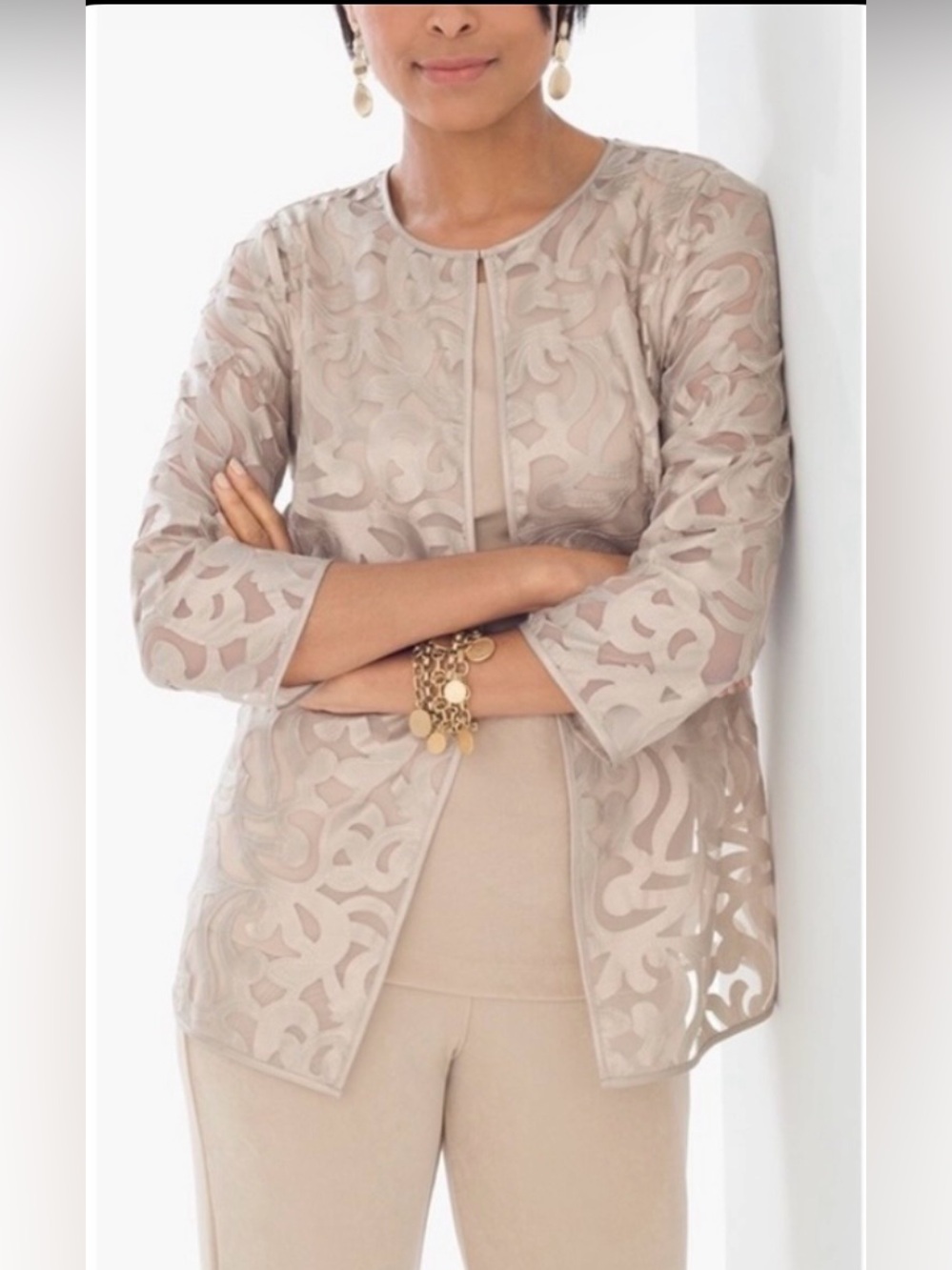 Chico’s Travelers Collection Lace Scroll Jacket in Champagne; NWT, Sz. S